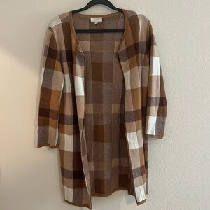 LOFT Plaid Cardigan in Brown and Cream - M